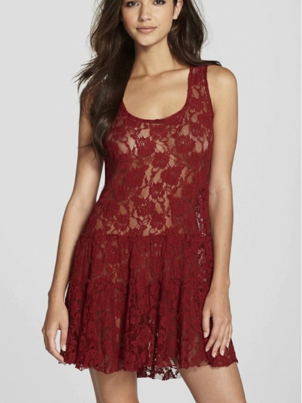 Free People One Emily Floral Lace Ruffle Slip Mini Dress Red Size Large
